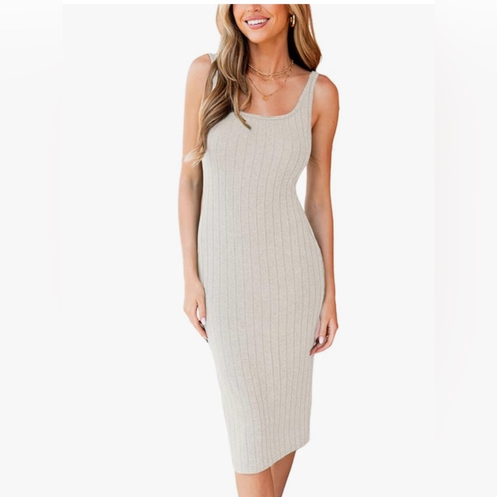 Elegant Cream Ribbed Knit Midi Dress